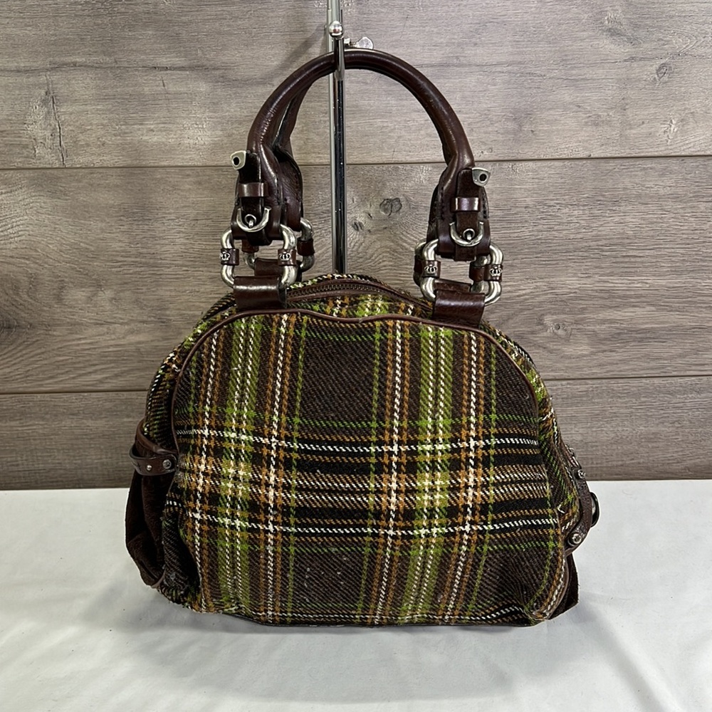 Juicy Couture Green and Brown Plaid Bowler Bag with Flower - Picture 2 of 9
